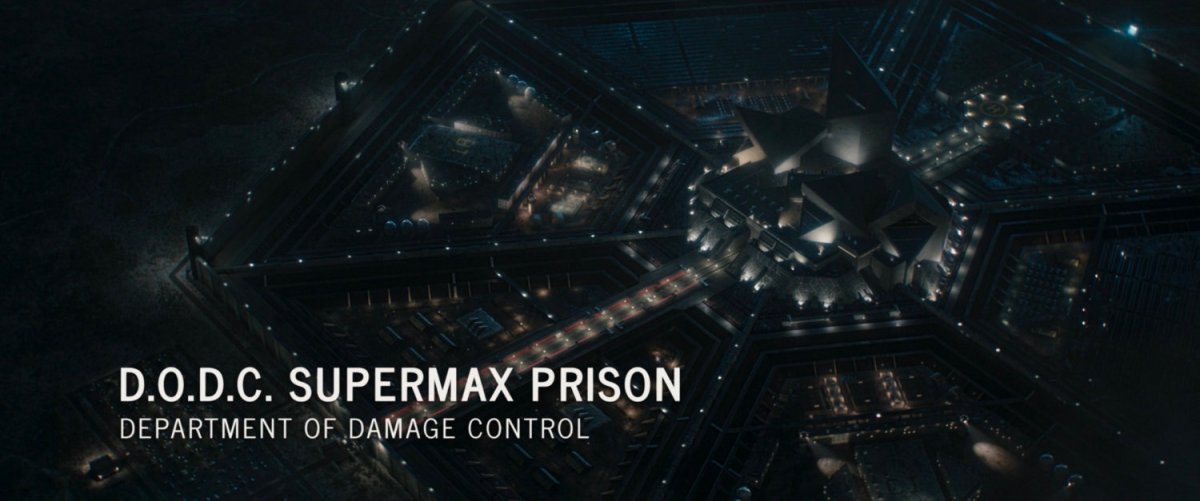 Aerial view of supermax prison. Text: DODC Supermax Prison, Department of Damage Control.