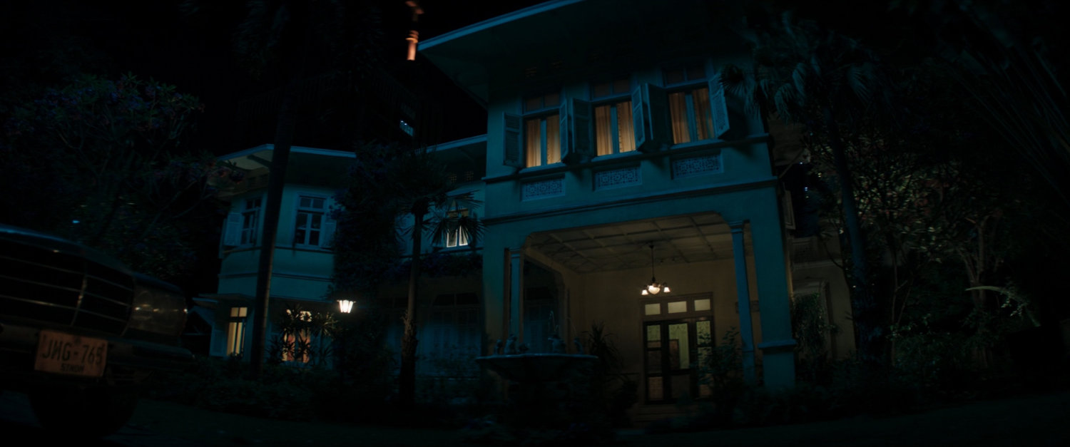 Nighttime exterior of Sana's house.
