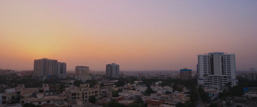 Aerial view of Karachi at sunset.
