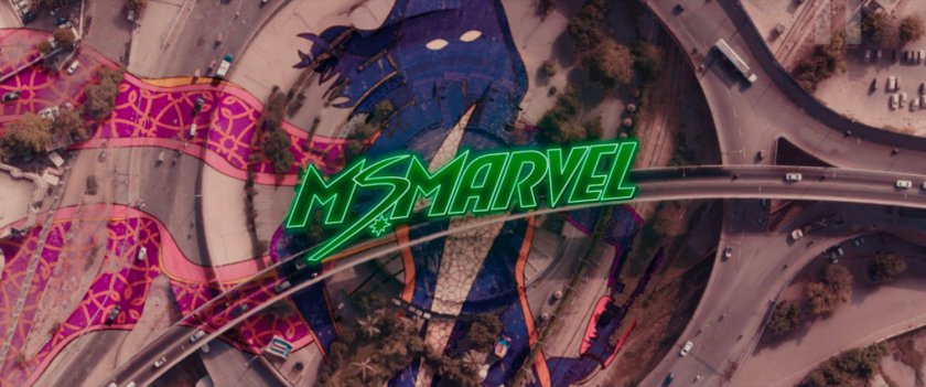 Ms Marvel end credit screen: Aerial Plaza (Text: Ms Marvel Title Card)