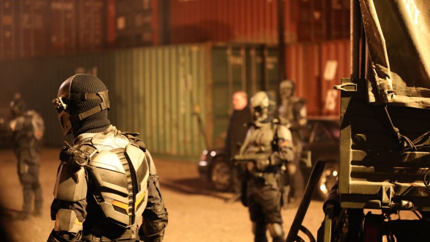 Behind the scenes of a scene from Black Widow in the container yards.