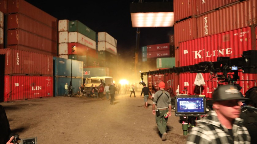 Behind the scenes of a scene from Black Widow in the container yards.
