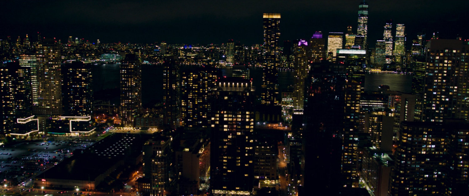 Nighttime aerial view of Jersey City.