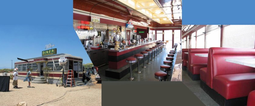 Stitched together collage of behind the scenes images of diner used for filming.
