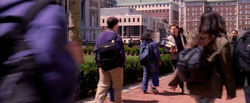 Peter Parker avoids students on Columbia University campus.