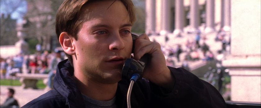Peter Parker on pay phone at Columbia University.