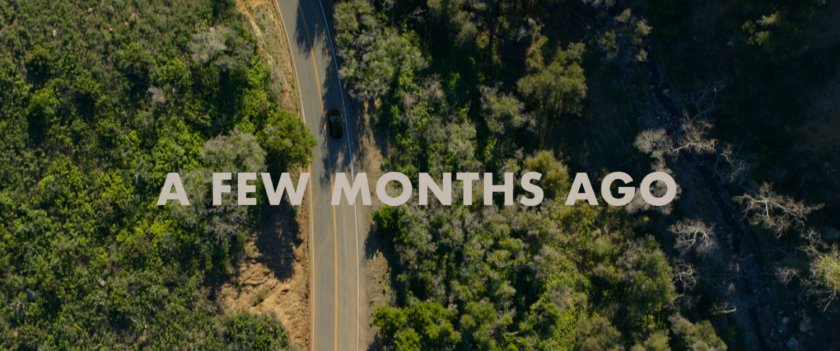 Aerial view of California mountain road in the forest with text "A Few Months Ago"