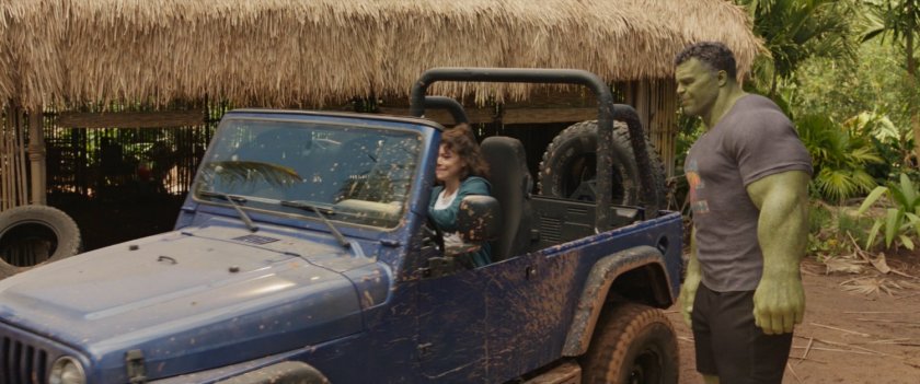 Jennifer Walters in a Jeep with the Hulk.
