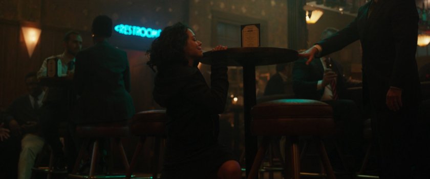 Jen Walters falls out of her chair at the Legal Ease Bar & Grill after changing from She-Hulk.