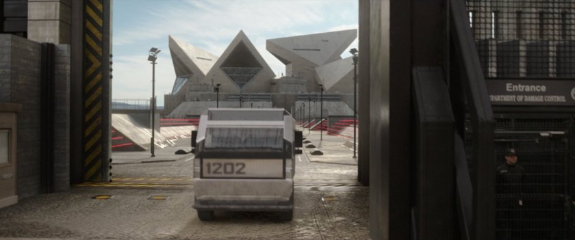 A transport driving out of the Department of Damage Control Supermax Prison.