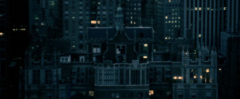 Exterior of Norman Osborn penthouse at night.