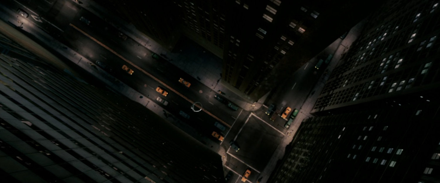 Aerial view of New York intersection at night.