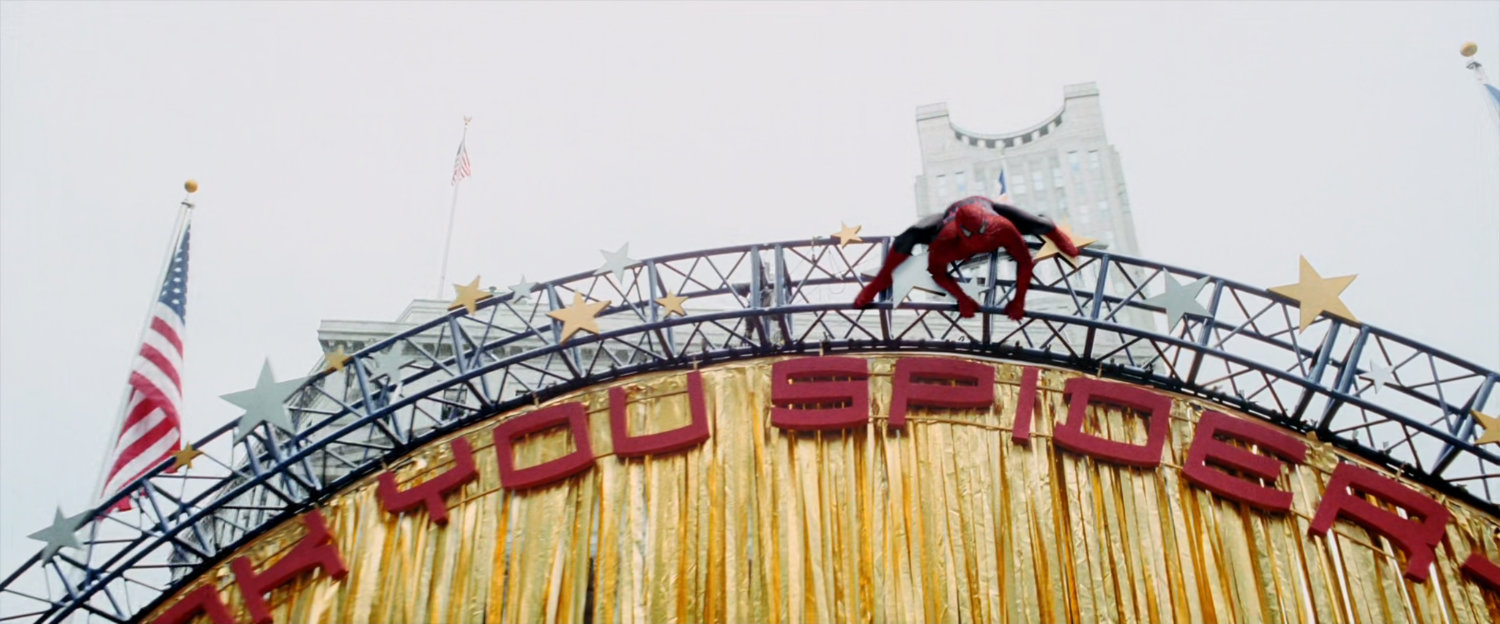 Spider-Man arrives at Spider-Man Day event.