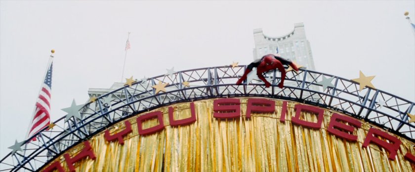 Spider-Man arrives at Spider-Man Day event.