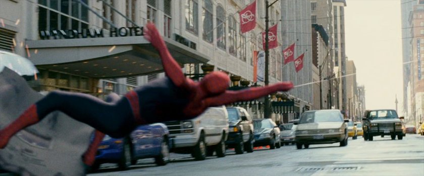 Spider-Man "surfs" by the Wyndham Hotel.