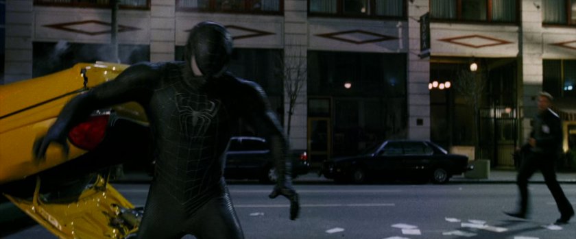 Sandman and Spider-Man outside First Eastern Bank.