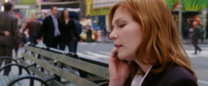 Mary Jane on park bench while on phone.