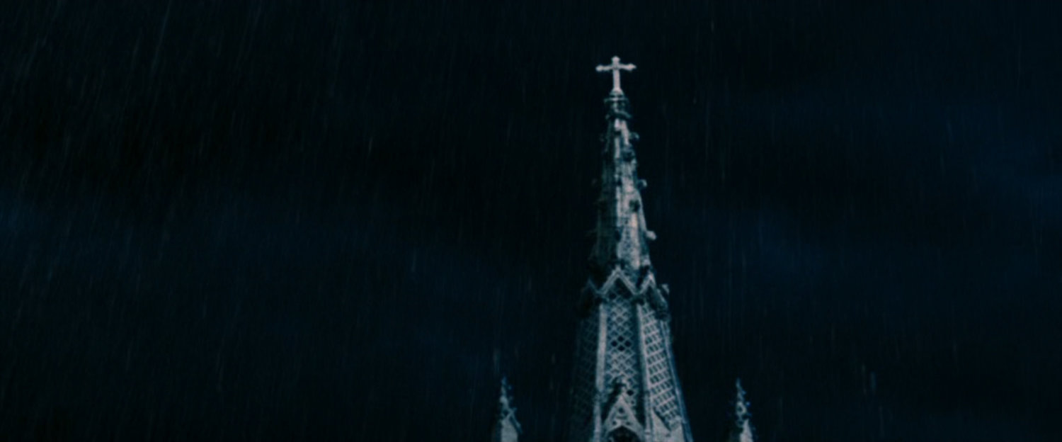 Exterior of gothic church spire.