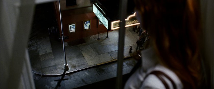 Exterior of movie theater from Mary Jane's window.