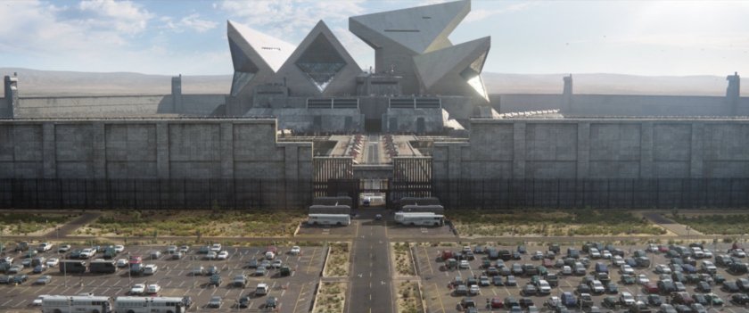 Aerial view of Department of Damage Control Supermax Prison, including parking lot.