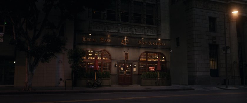 Night time exterior shot of the Legal Ease Bar & Grill.