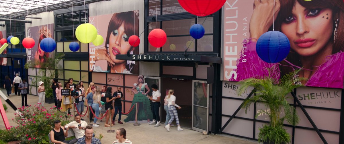 The exterior of a pop-up store for "She-Hulk by Titania".