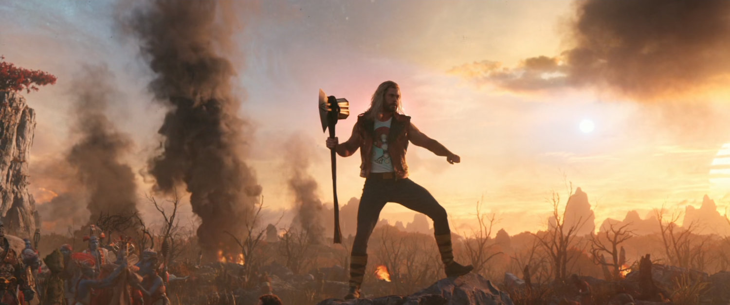 Thor heaves his axe Stormbreaker into the air during a battle on Indigarr.