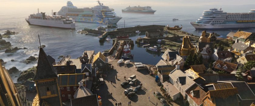 The harbor of New Asgard with cruise ships.