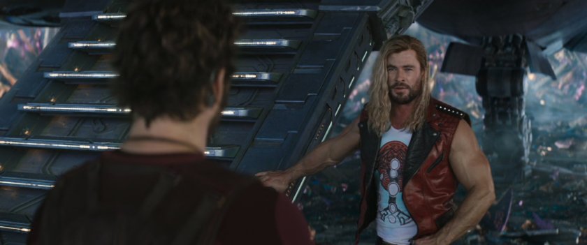 Thor talks to Peter Quill by the boarding ramp of the Benatar.