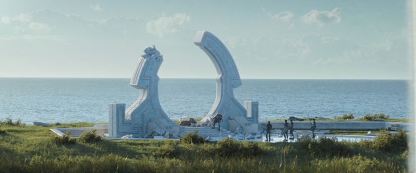 Thor dusts himself off after crashing into the sculpture by the Mjolnir shrine.