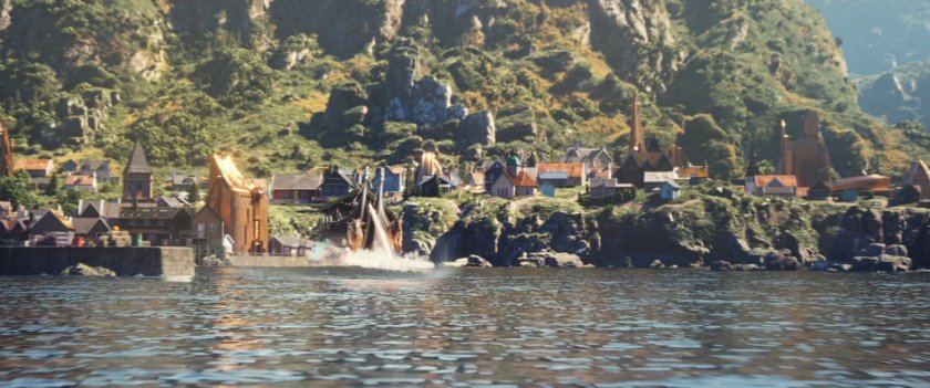 The dragon boat pulled by two goats leaves New Asgard.