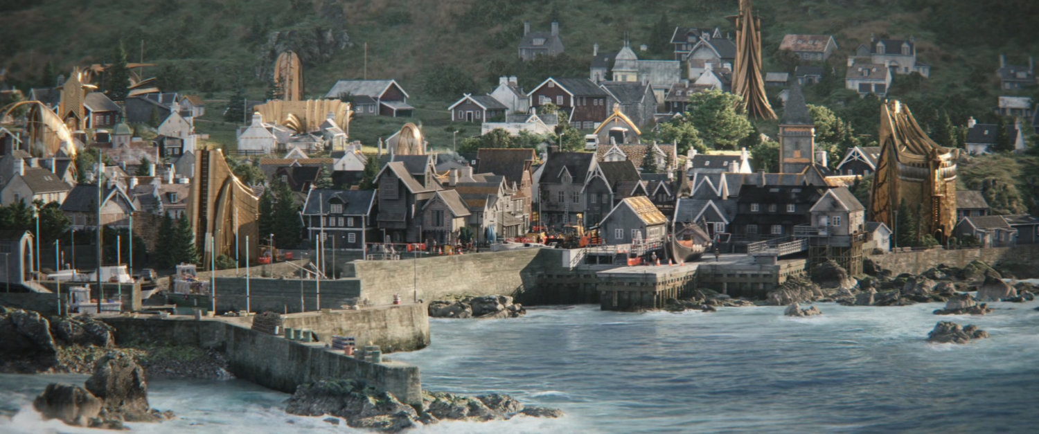 The town of New Asgard as seen from the ocean.