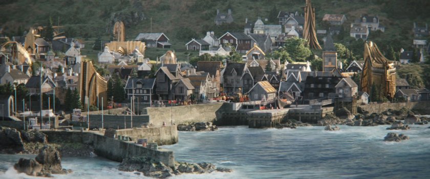 The town of New Asgard as seen from the ocean.