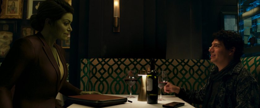 She-Hulk and Todd at a table in the Hoof and Fleur restaurant.