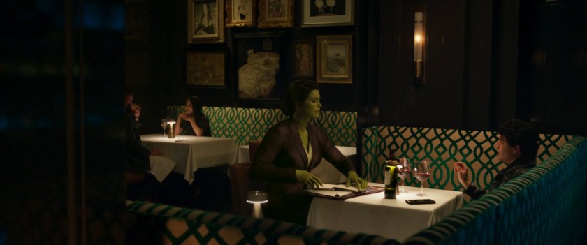 She-Hulk and Todd at a table in the Hoof and Fleur restaurant.