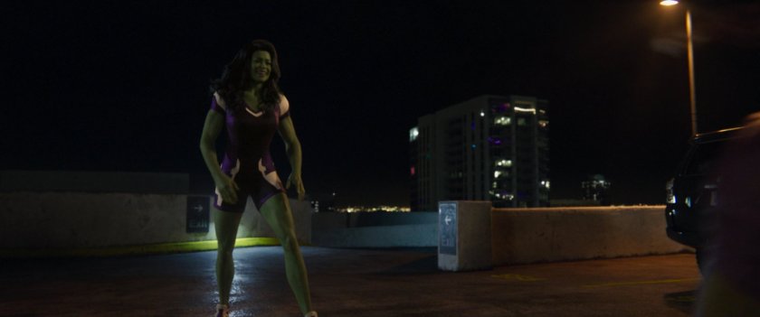 She-Hulk on a parking garage roof.