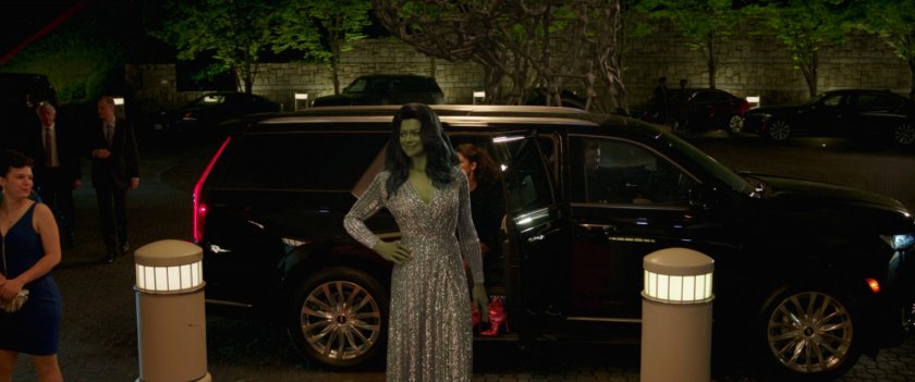 She-Hulk exits an SUV at the red carpet for the Southern California Law Awards Gala.