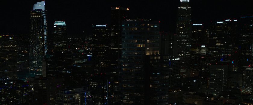 Aerial view of downtown Los Angeles at night.