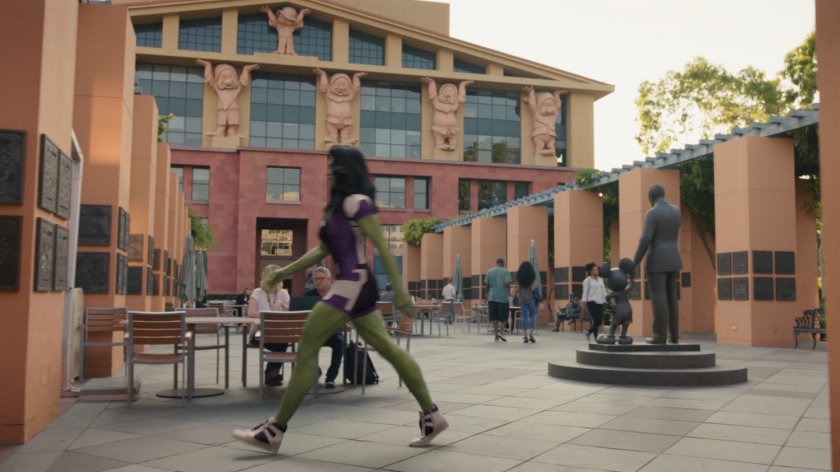 She-Hulk crosses in front of a building with dwarves at the Disney Studios in Burbank.