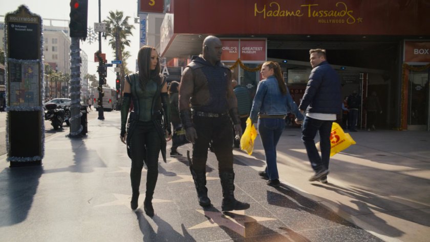 Mantis and Drax walk the Hollywood Walk of Fame.