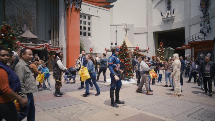 Characters dressed like Marvel Superheroes stand in front of the Chinese Theater.