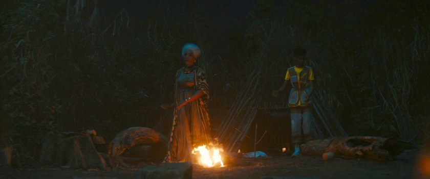 Ramonda and Shuri by a campfire at night.