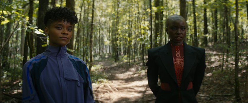 Shuri and Okoye in the woods.