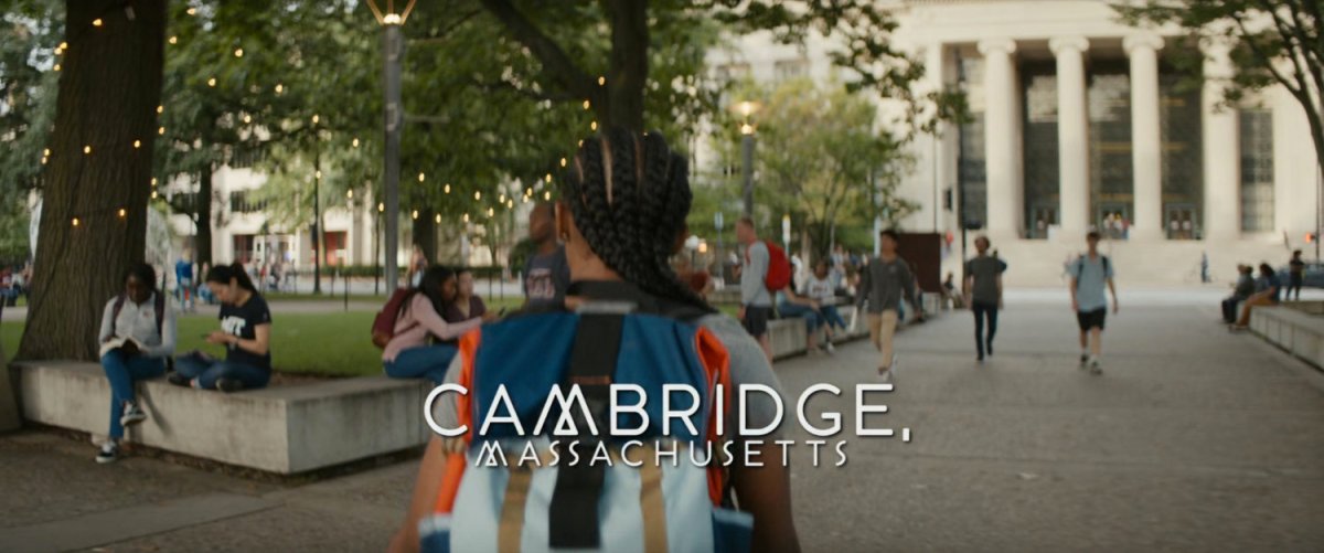 A busy quad at the MIT campus. Text: Cambridge, Massachusetts