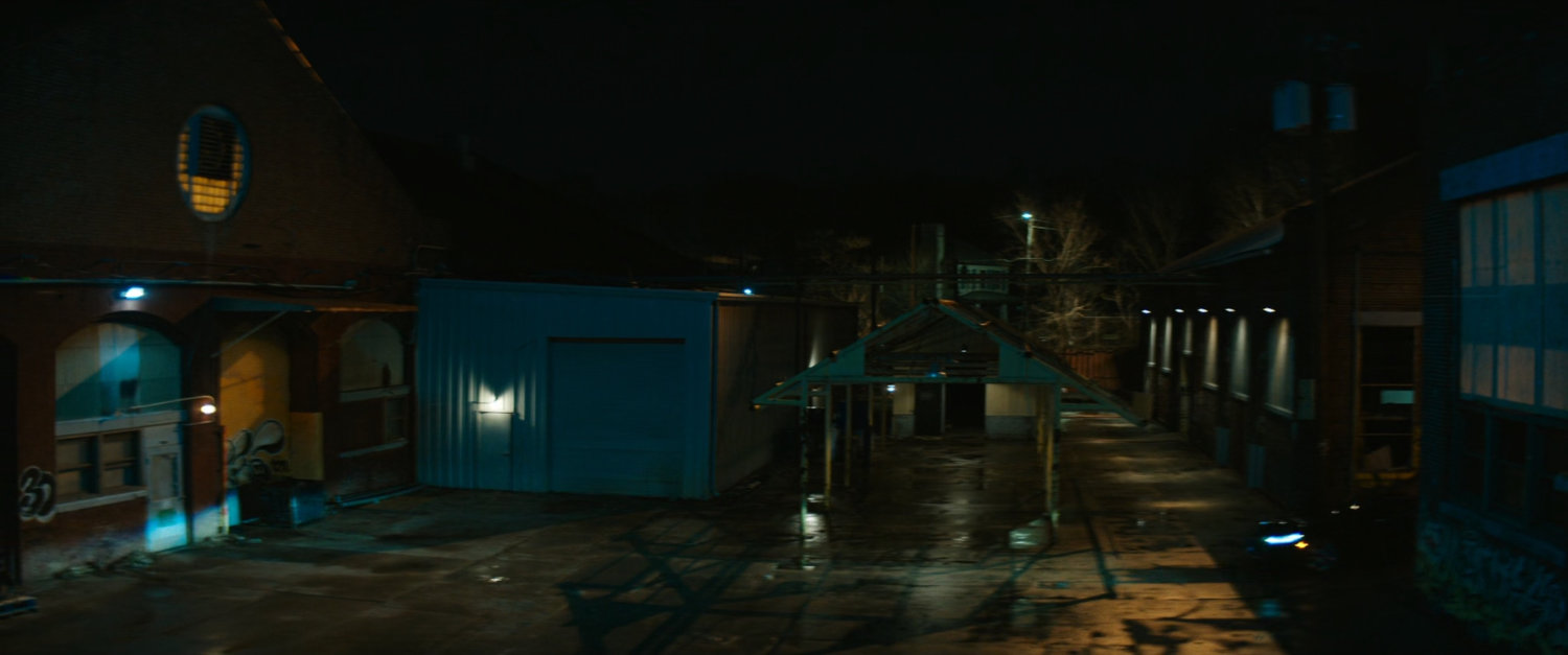 Boston warehouse at night.