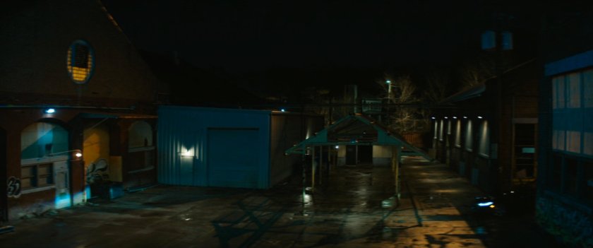 Boston warehouse at night.