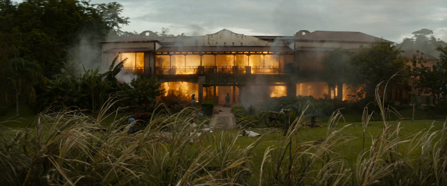 A plantation burns.