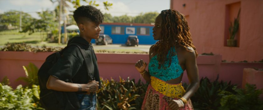 Shuri and Nakia in front of pink house.