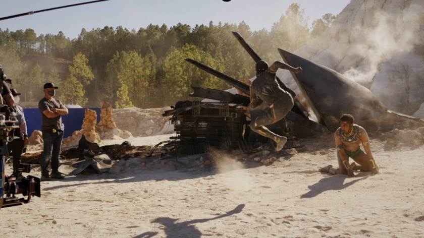 Behind the scenes shot of desert fight between Shuri and Namor in a sand quarry in Georgia.