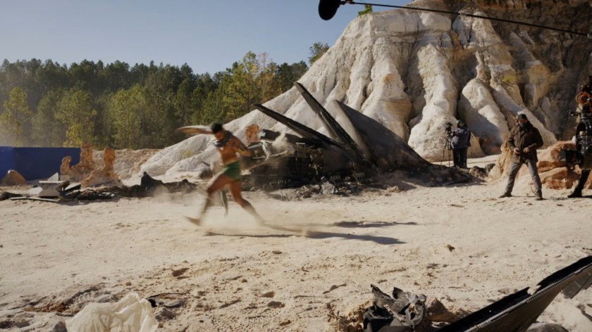 Behind the scenes shot of desert fight between Shuri and Namor in a sand quarry in Georgia.